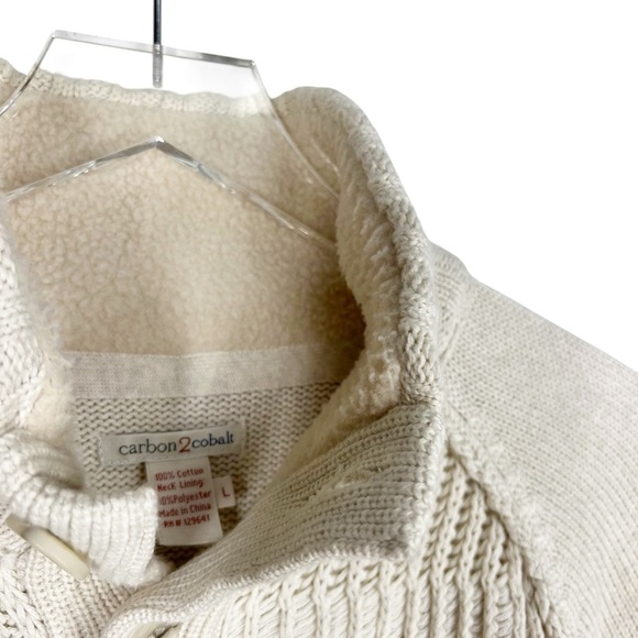 CARBON2COBALT Ivory Cable Knit Sweater Mock Neck Henley Button up Men's Large - Picture 3 of 8